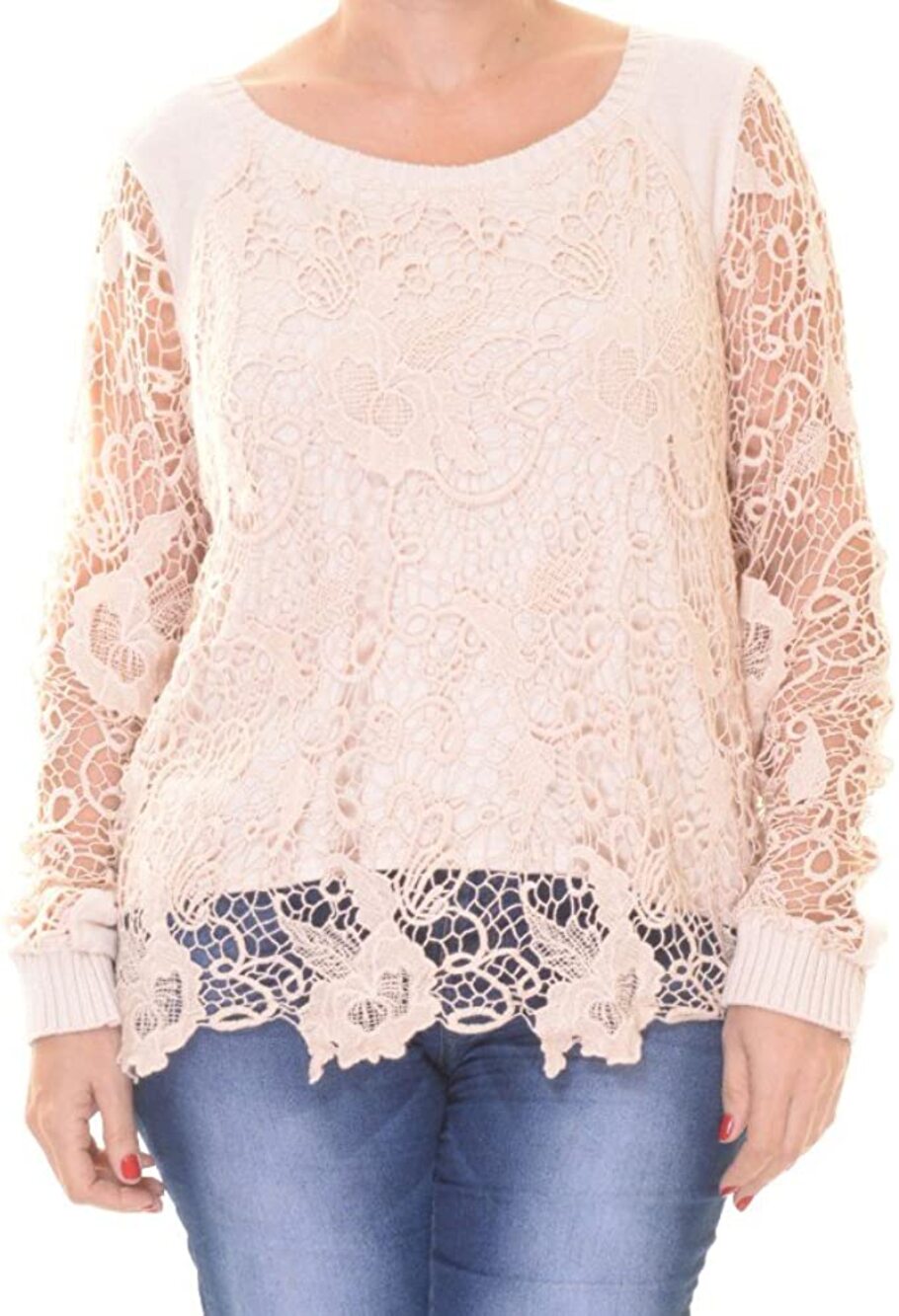 Free People Cream Long Sleeve Lace Overlay Round Neck Sweater Size XS
